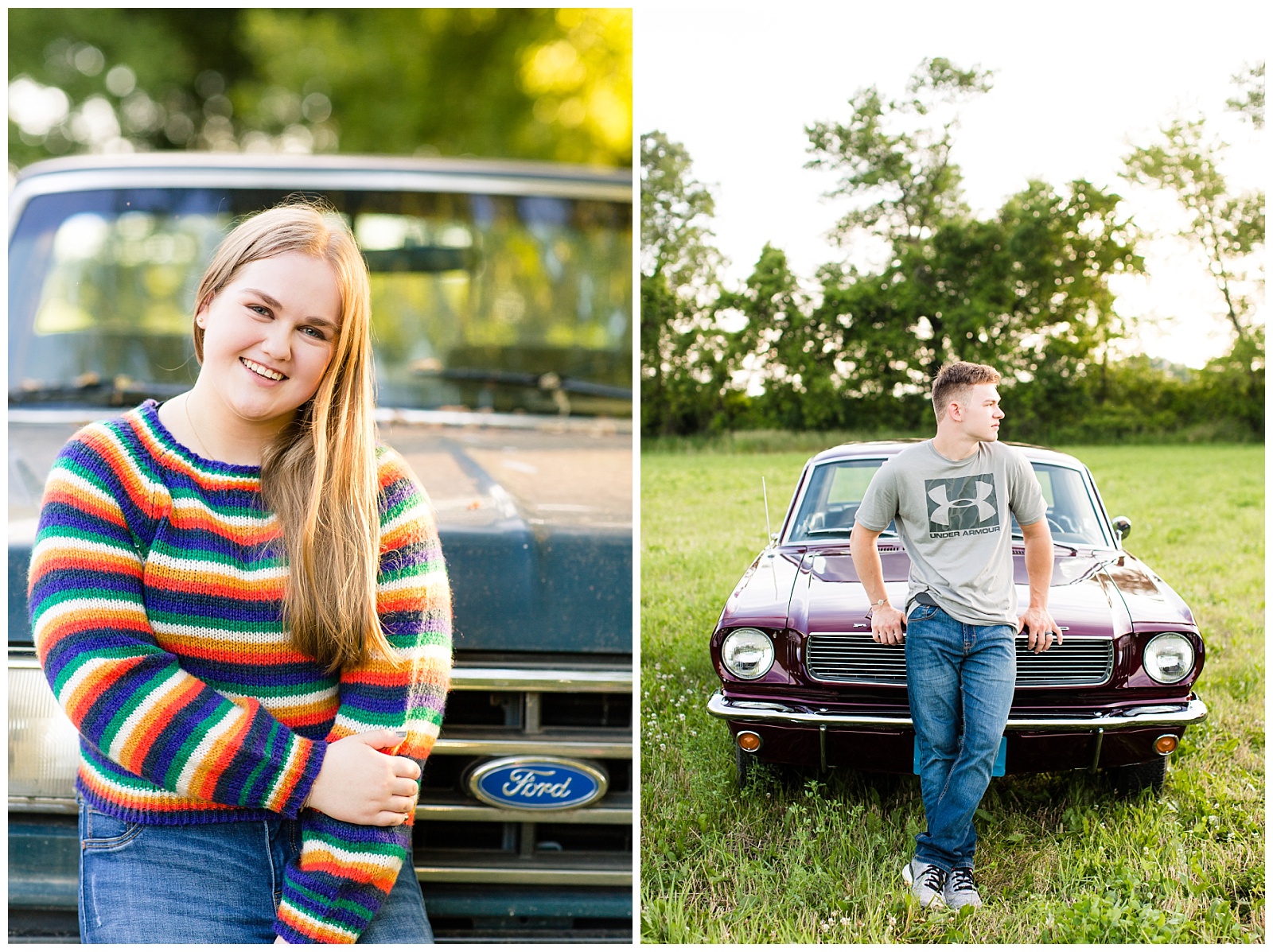 girl in striped shirt with Ford truck and boy with 66 Mustang